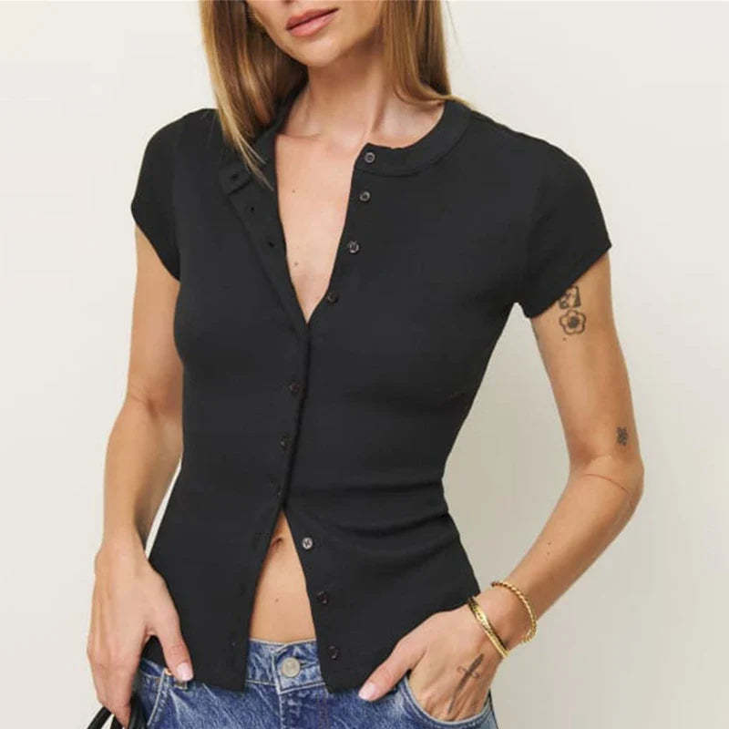 Women Solid Color Rib Knitted T-shirt - black / L