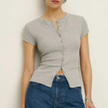 Women Solid Color Rib Knitted T-shirt - GRAY / L