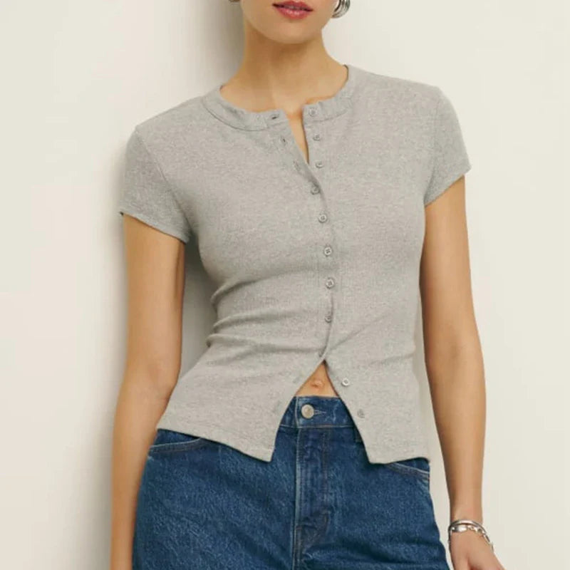Women Solid Color Rib Knitted T-shirt - GRAY / L