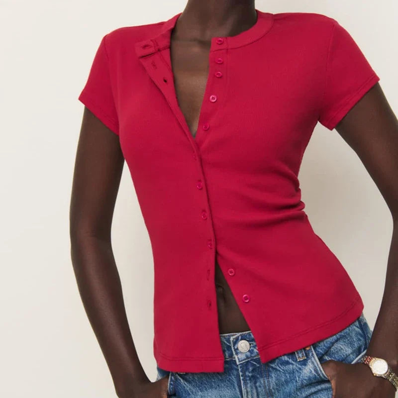 Women Solid Color Rib Knitted T-shirt - Red / L