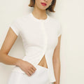 Women Solid Color Rib Knitted T-shirt - WHITE / L