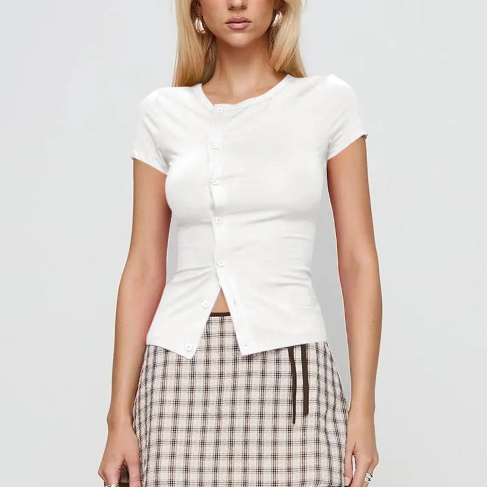 Women Solid Color T-shirt Crew Neck Short Sleeve Button Crop Top