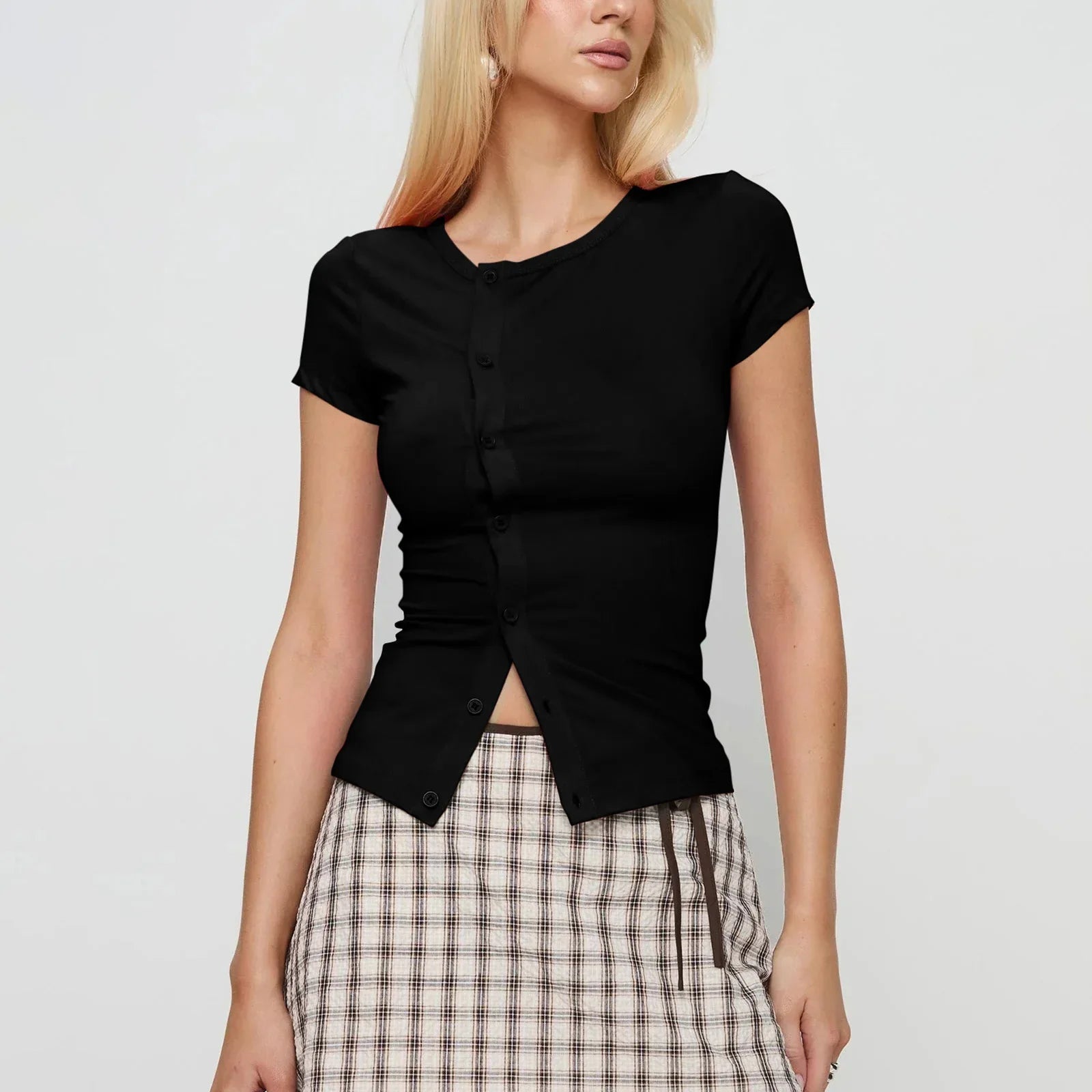 Women Solid Color T-shirt Crew Neck Short Sleeve Button Crop Top - B / S