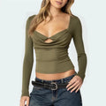 Women Solid Long Sleeve Casual Crop Top - A / M