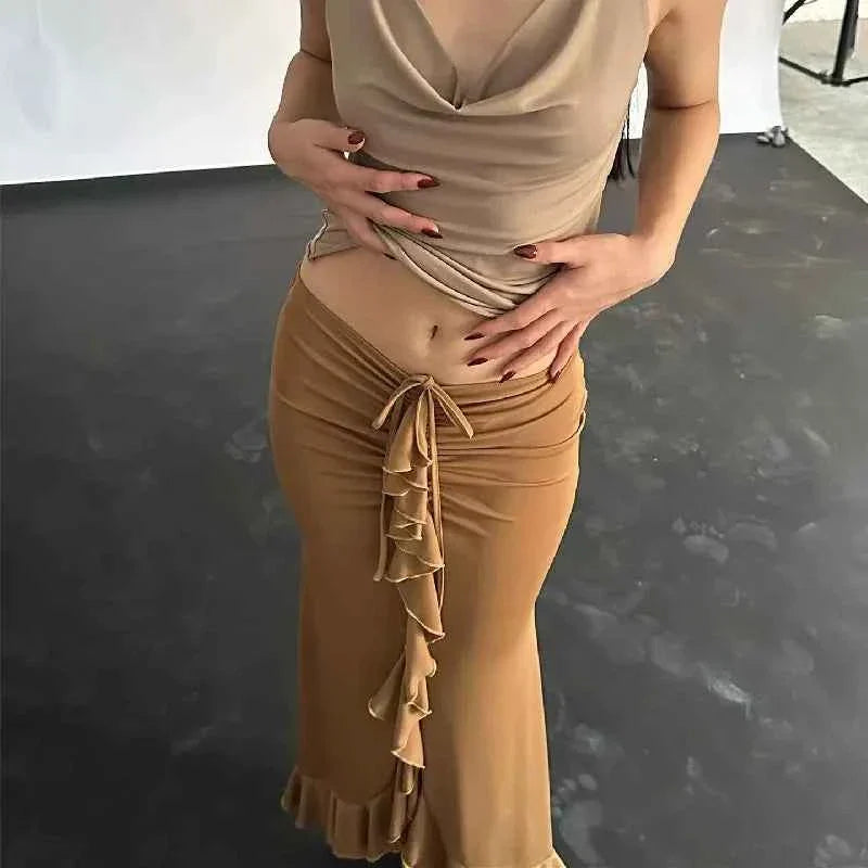 Women Solid Ruffles Skinny Skirt