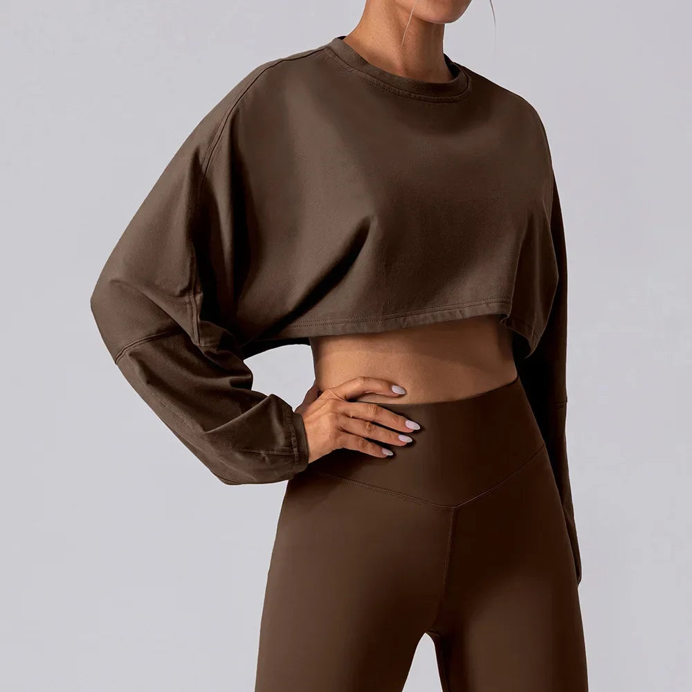 Women Sports Crop Top Long Sleeve T-Shirts - Brown / S 4