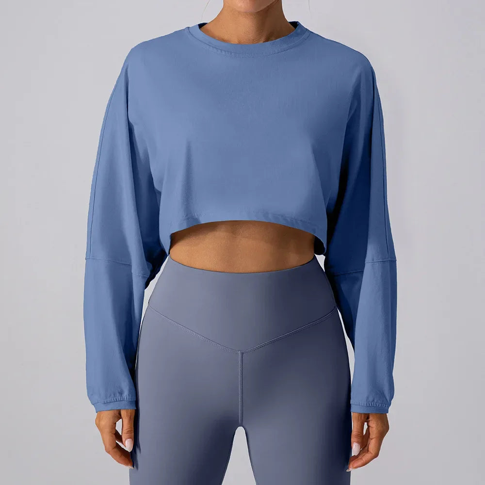 Women Sports Crop Top Long Sleeve T-Shirts - Grey Blue / S 4