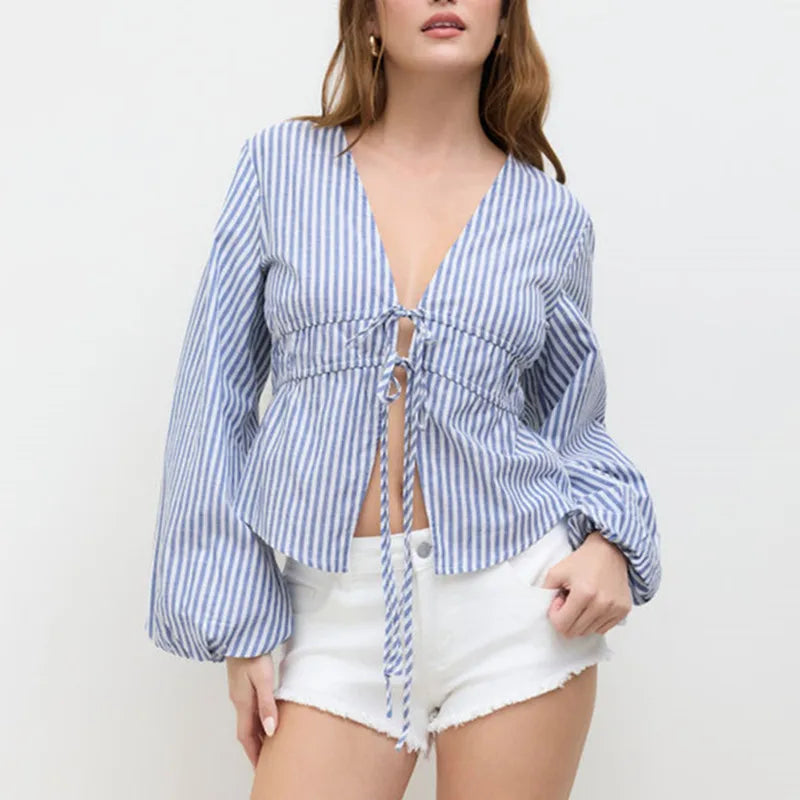 Women Spring Fall Stripe Print Shirt Long Lantern Sleeve