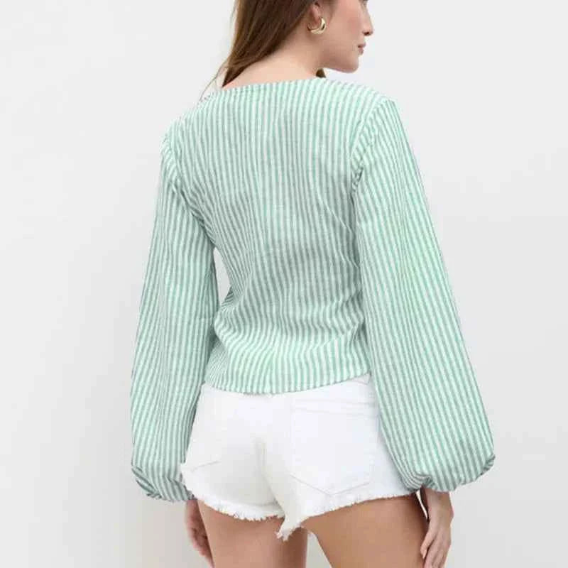 Women Spring Fall Stripe Print Shirt Long Lantern Sleeve