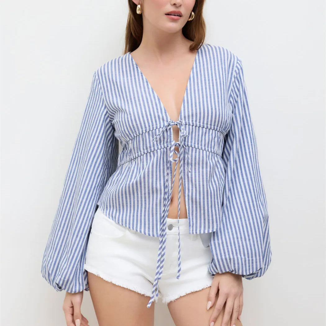 Women Spring Fall Stripe Print Shirt Long Lantern Sleeve - Blue / M