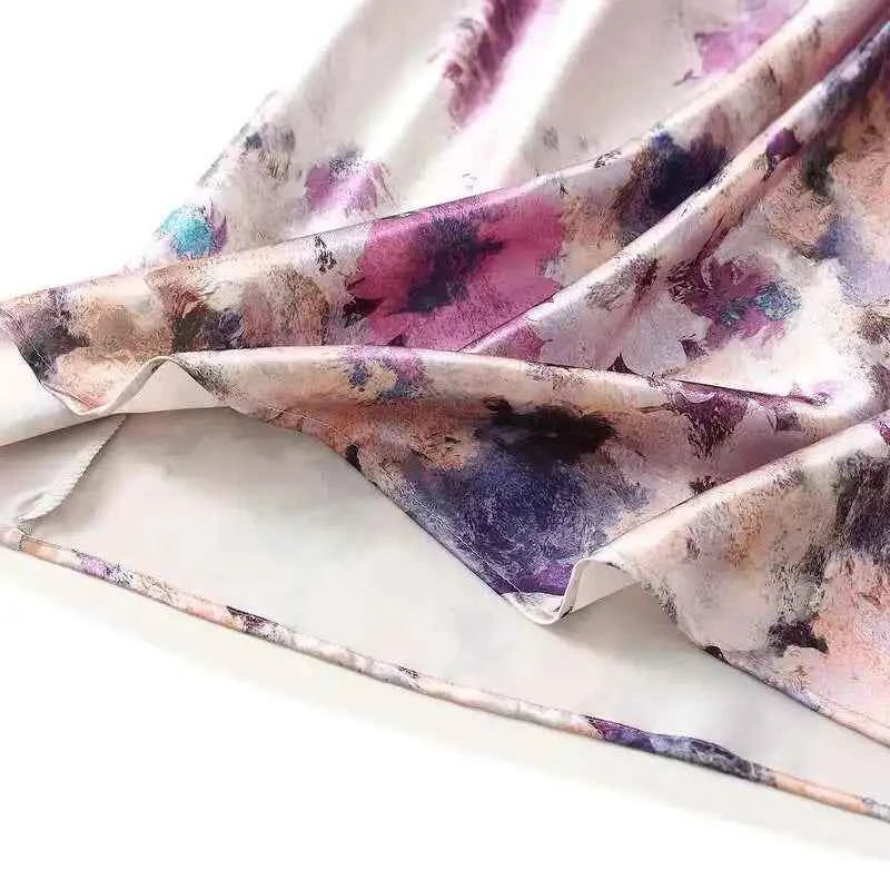 Women Spring Summer Floral Print Satin Long Skirt