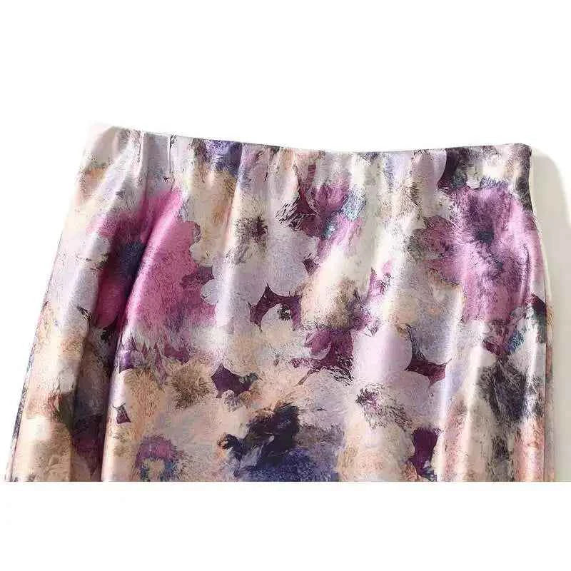 Women Spring Summer Floral Print Satin Long Skirt