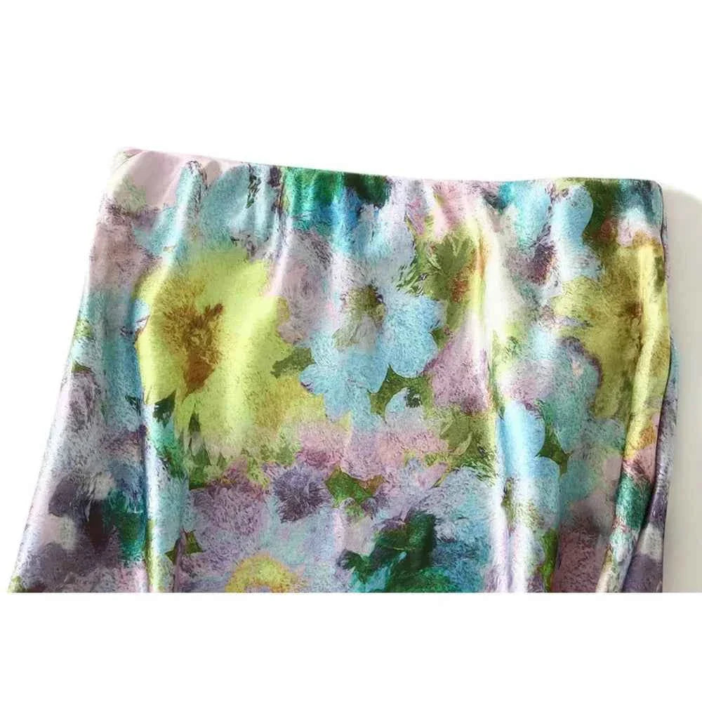 Women Spring Summer Floral Print Satin Long Skirt