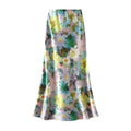 Women Spring Summer Floral Print Satin Long Skirt