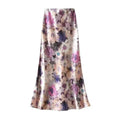 Women Spring Summer Floral Print Satin Long Skirt