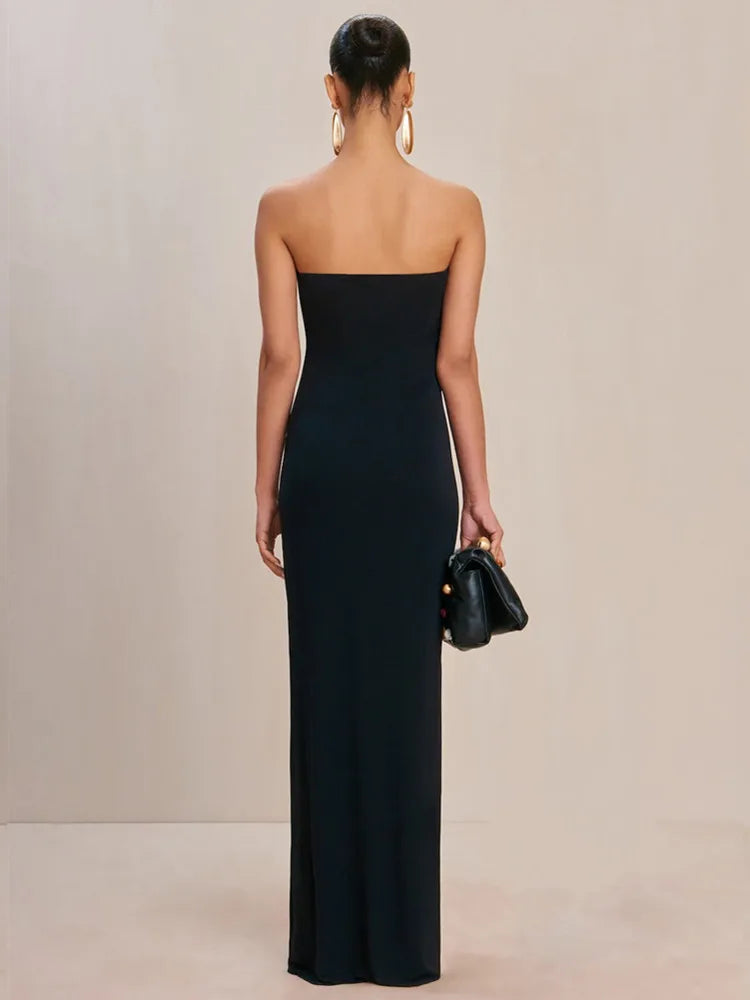 Women Strapless Backless Black Maxi Long Dress