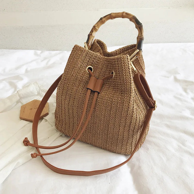 Women Straw Weave Bucket Bag - Brown