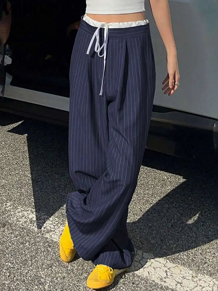 Women Stripe Pants Casual Wide Leg Trousers - XL / black