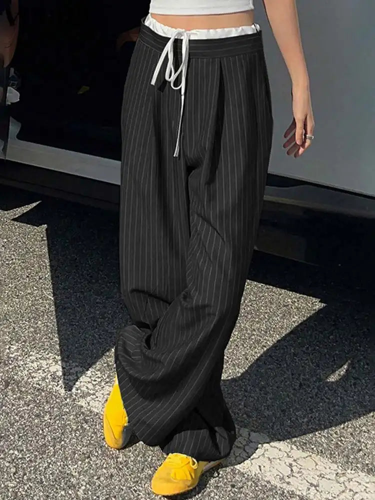 Women Stripe Pants Casual Wide Leg Trousers - XL / black