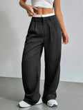 Women Stripes Printed Full Length Pants - black / M