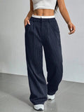 Women Stripes Printed Full Length Pants - navy blue / S