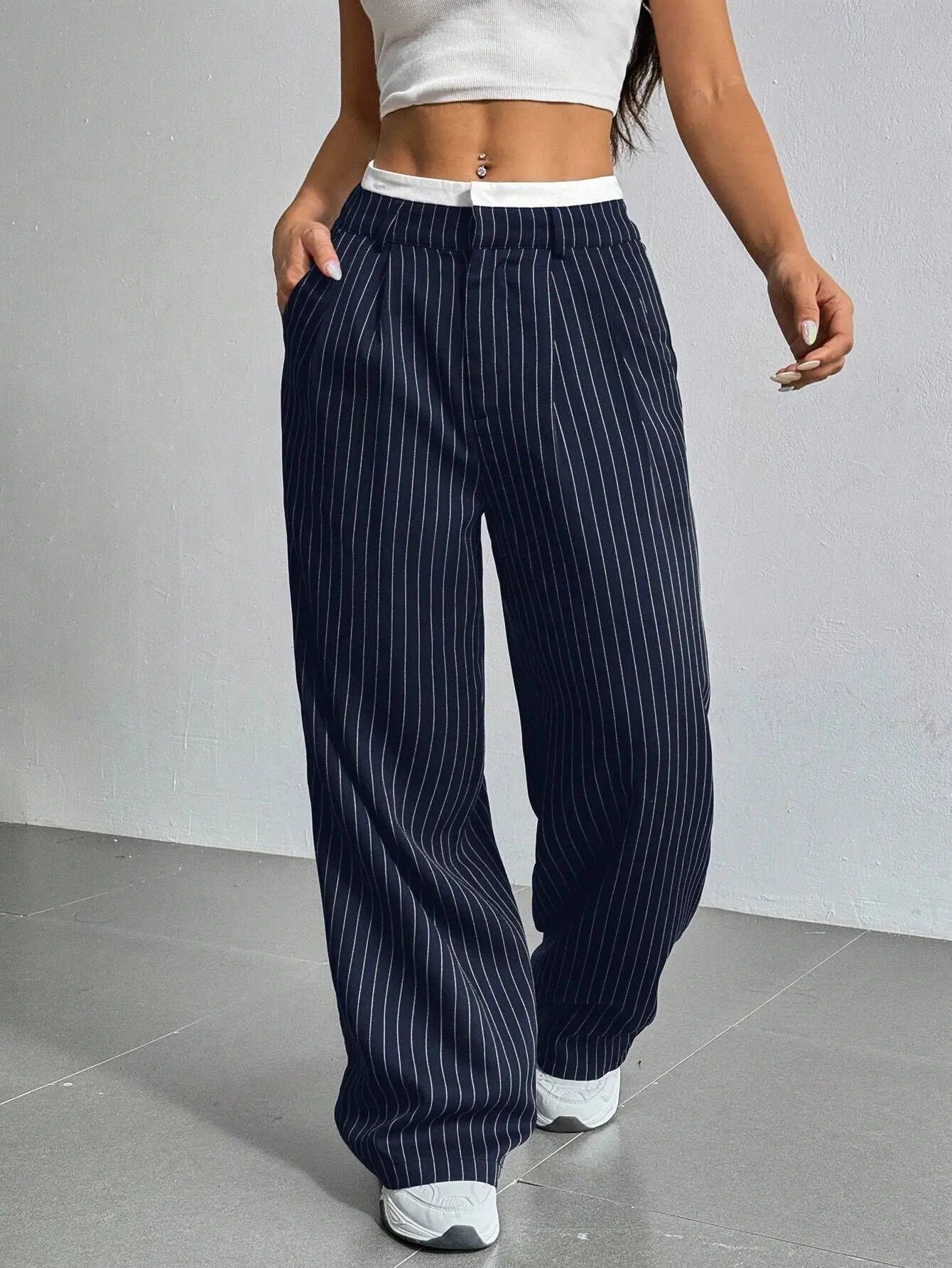 Women Stripes Printed Full Length Pants - navy blue / S