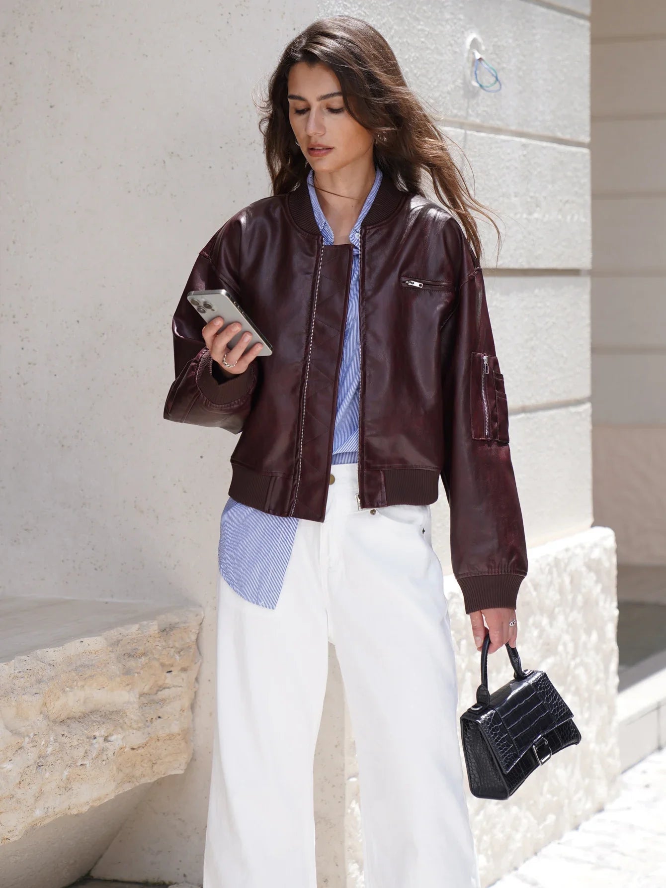 Women Stylish Autumn Pu Leather Bomber Jacket