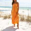 Women Summer Lace-up Halter Neck Casual Ruffle A-line Long Dress - Orange / S