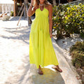 Women Summer Lace-up Halter Neck Casual Ruffle A-line Long Dress - Yellow / S