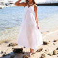 Women Summer Lace-up Halter Neck Casual Ruffle A-line Long Dress - WHITE / S