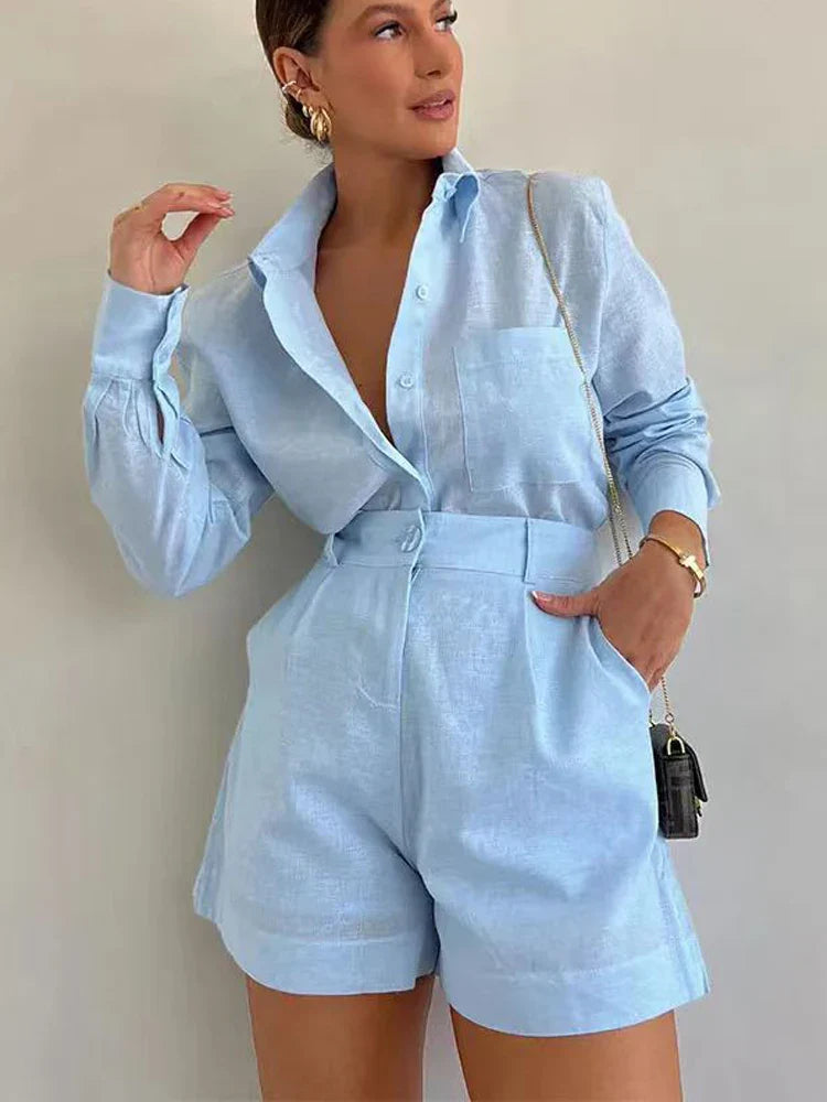 Women Summer Shorts Sets Long Sleeve Blouses with Short Pants 2 Pieces - L / White - Other