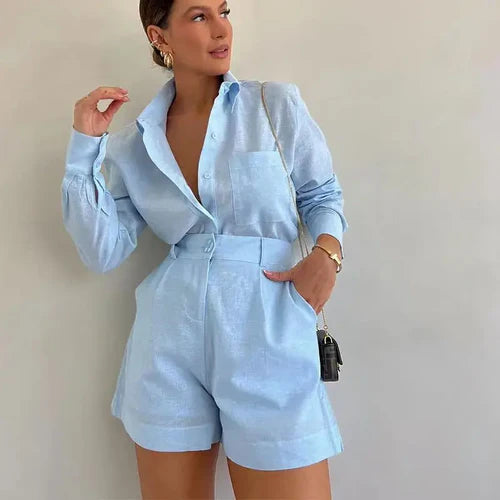 Women Summer Shorts Sets Long Sleeve Blouses with Short Pants 2 Pieces - L / White - Other