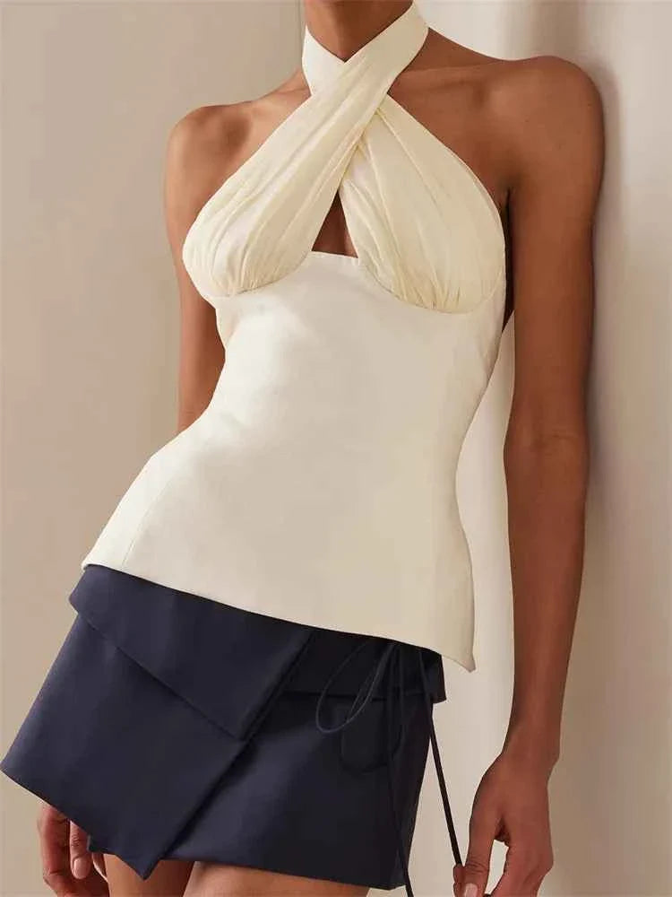 Women Tank Tops Sleeveless Backless Tie-up Halter Off Shoulder