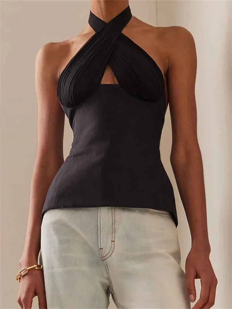 Women Tank Tops Sleeveless Backless Tie-up Halter Off Shoulder