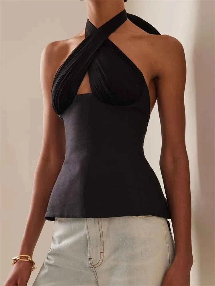 Women Tank Tops Sleeveless Backless Tie-up Halter Off Shoulder