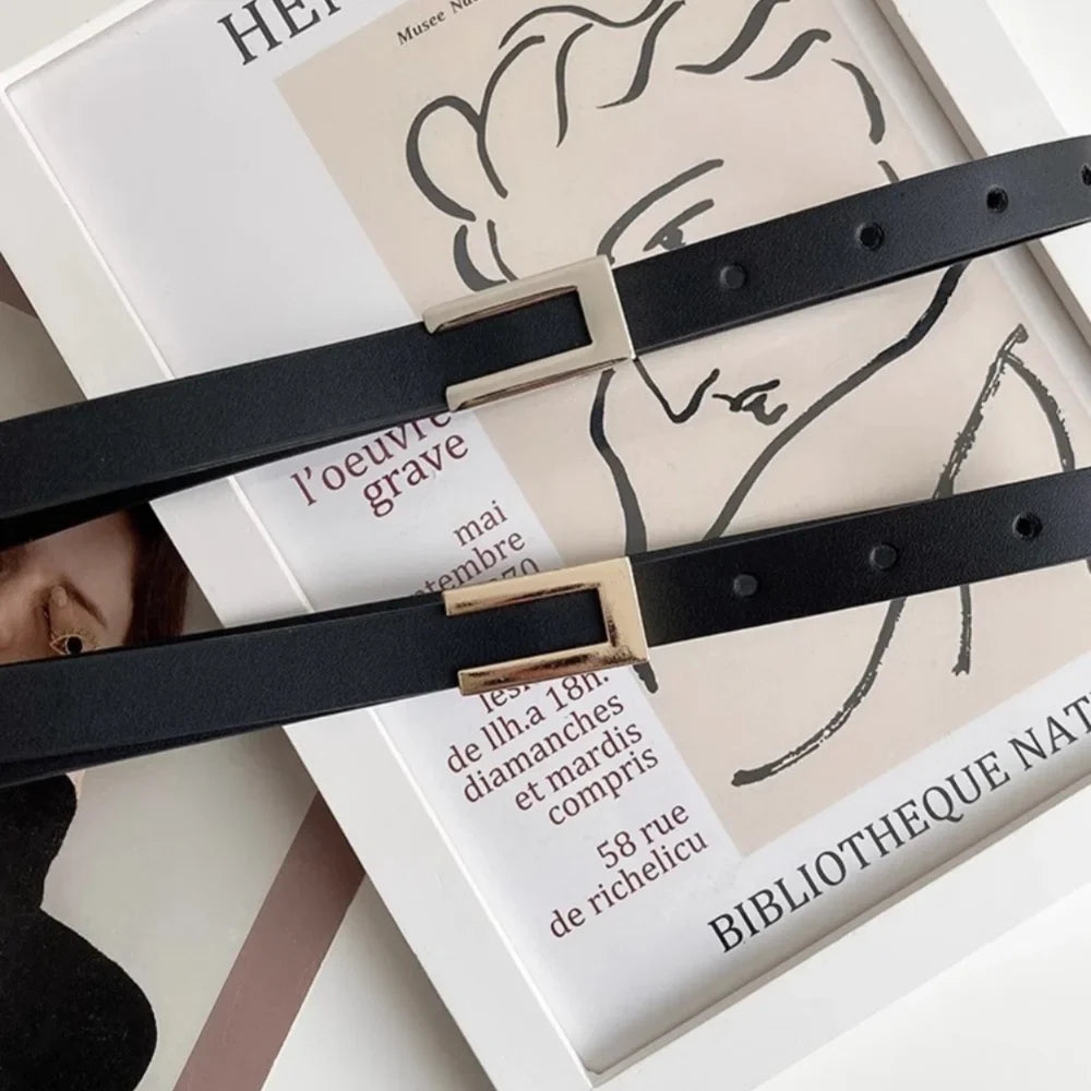 Women Thin Belt Black PU Leather - black golden button