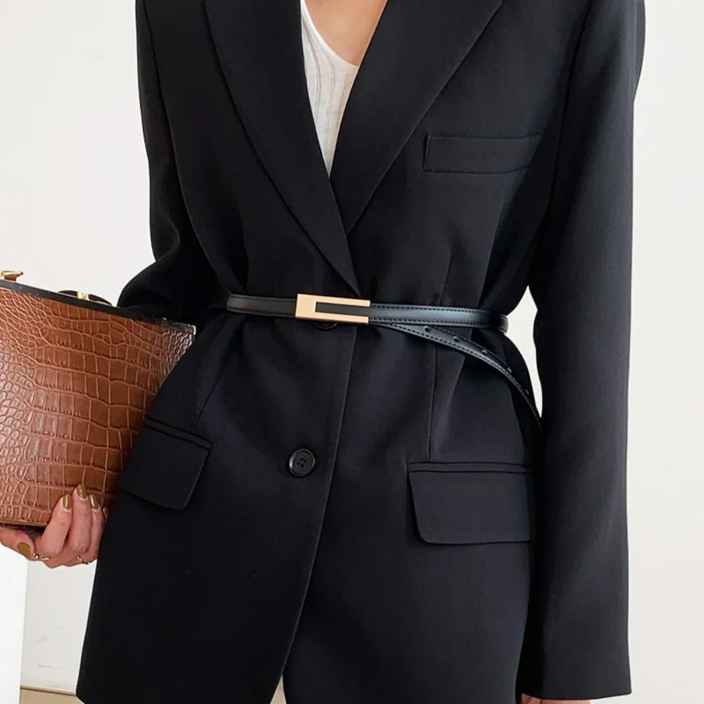 Women Thin Belt Black PU Leather - black golden button