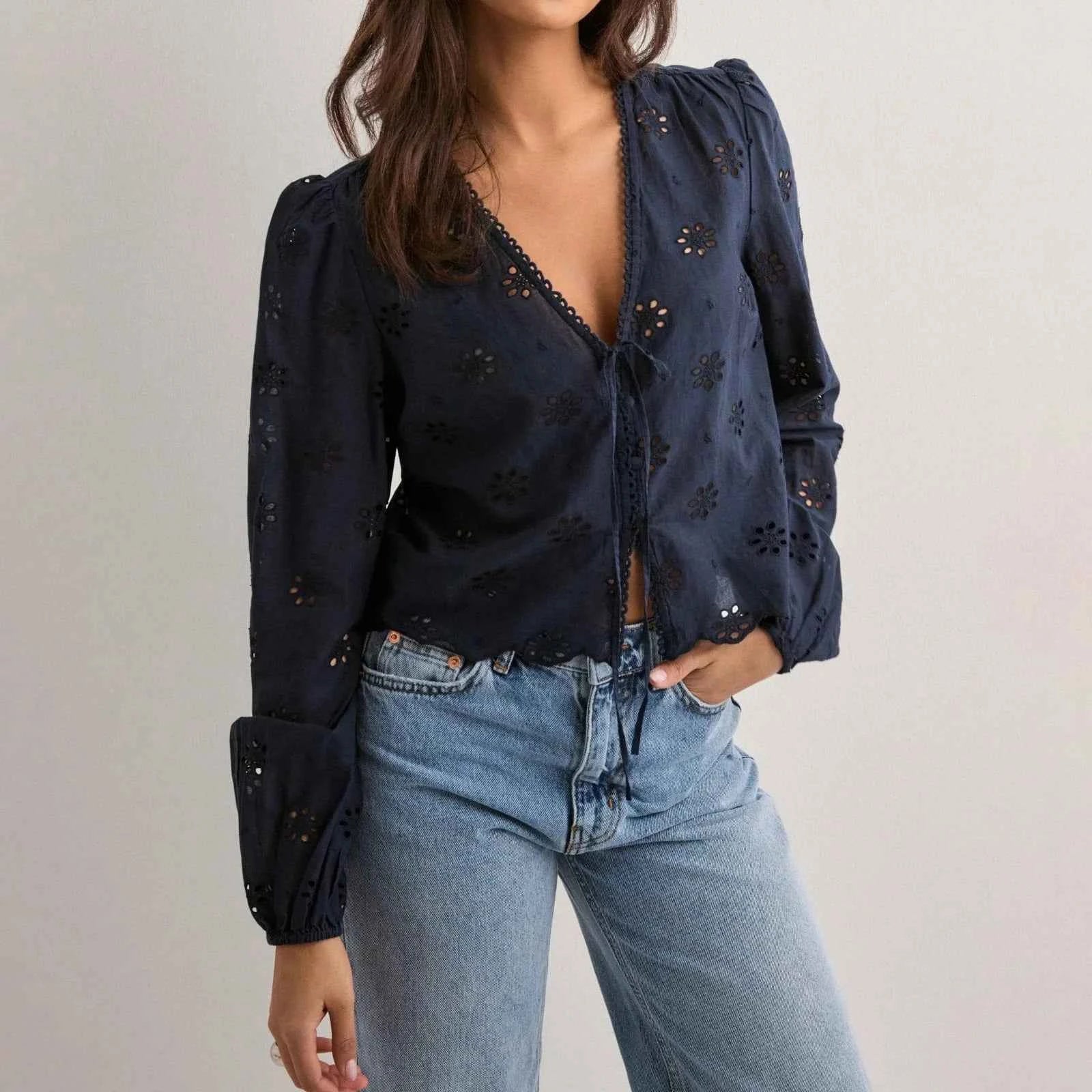Women Tie Front Blouse Top Long Sleeve