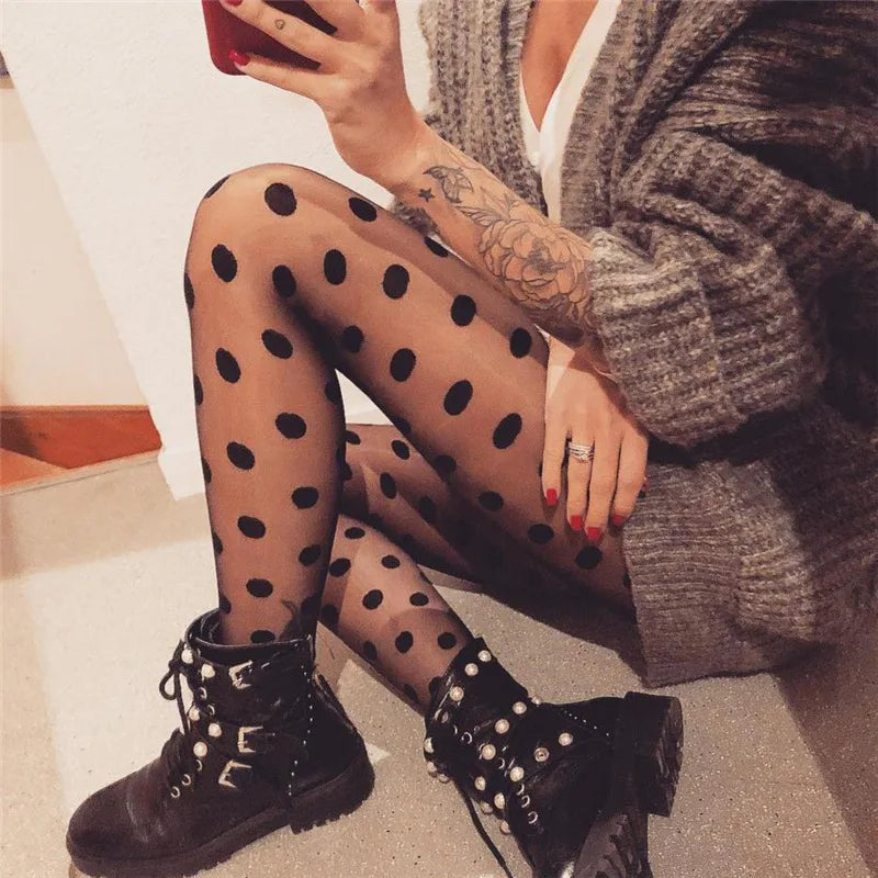 Women Tights Classic Small Polka Dot Silk Stockings Thin Vintage Faux Tattoo Thigh - black big dot / One Size