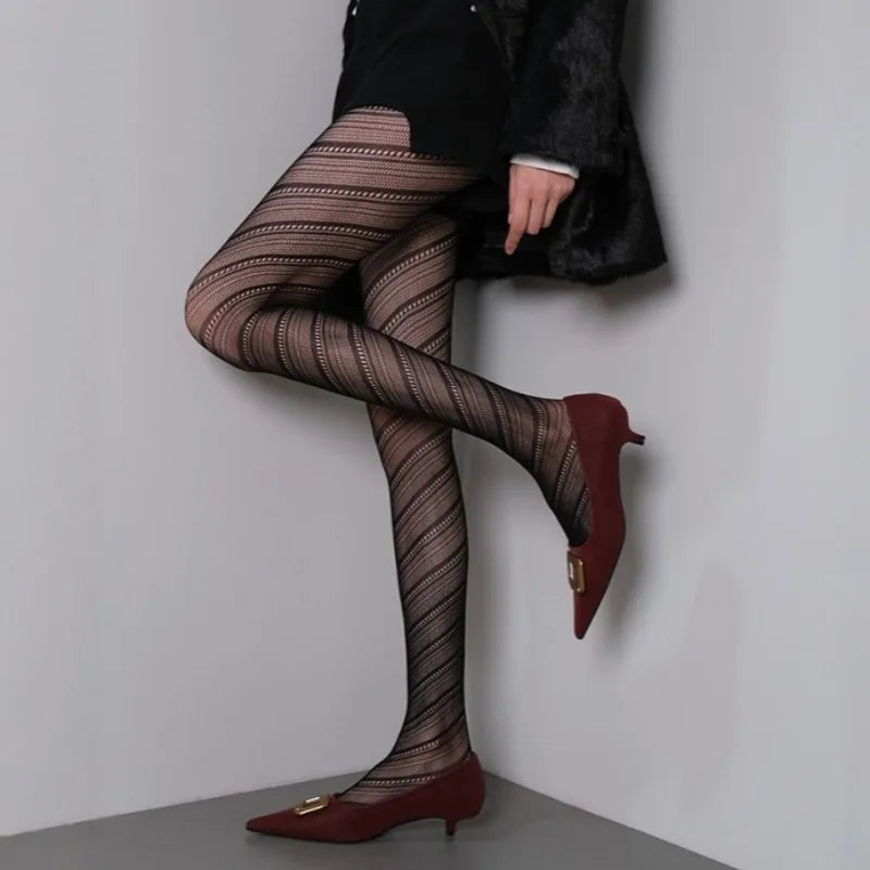 Women Twilled Stripe Fishnet Tights - Black / One Size