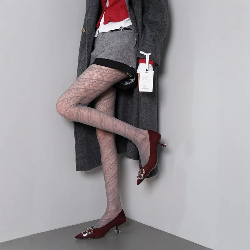 Women Twilled Stripe Fishnet Tights - Grey / One Size