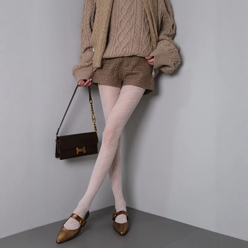 Women Twilled Stripe Fishnet Tights - White / One Size