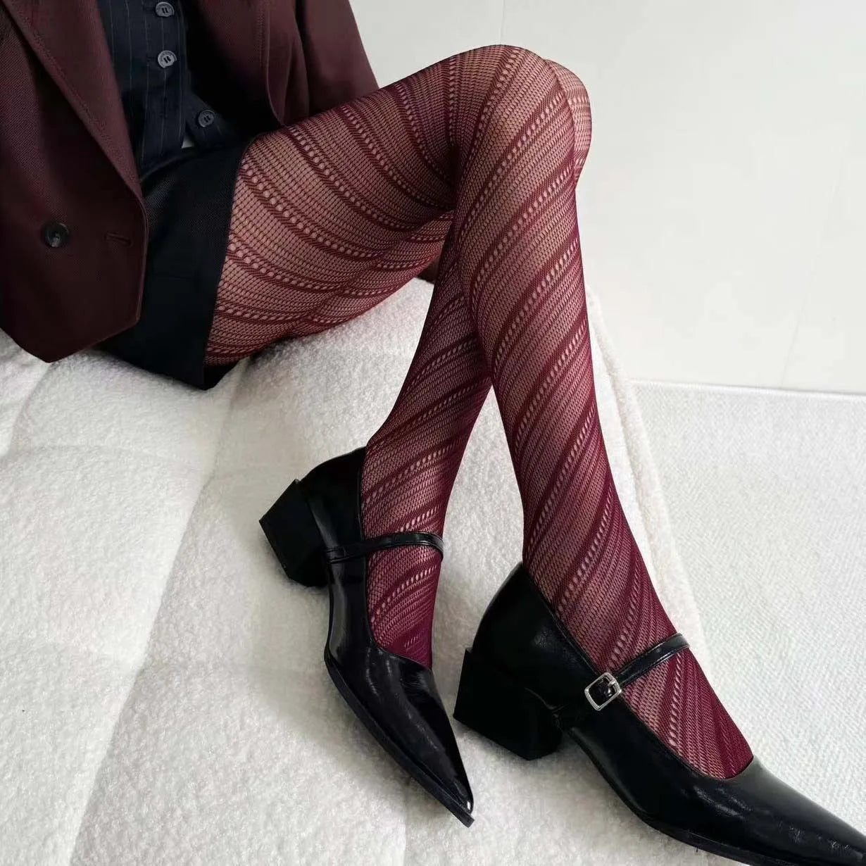 Women Twilled Stripe Fishnet Tights - Winered / One Size