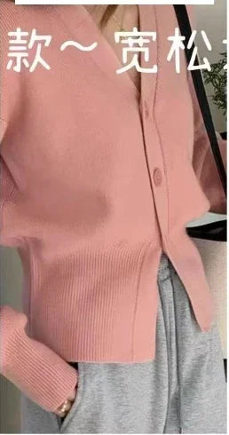 Women V-neck Long Sleeve Casual Knitted Cardigan - Pink / One Size