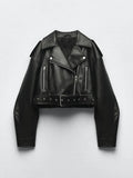 Women Vintage Loose Pu Faux Leather Short Jacket with Belt - Black / XL
