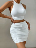 Women White Halter Neck Sleeveless Backless Two Piece Set - Other