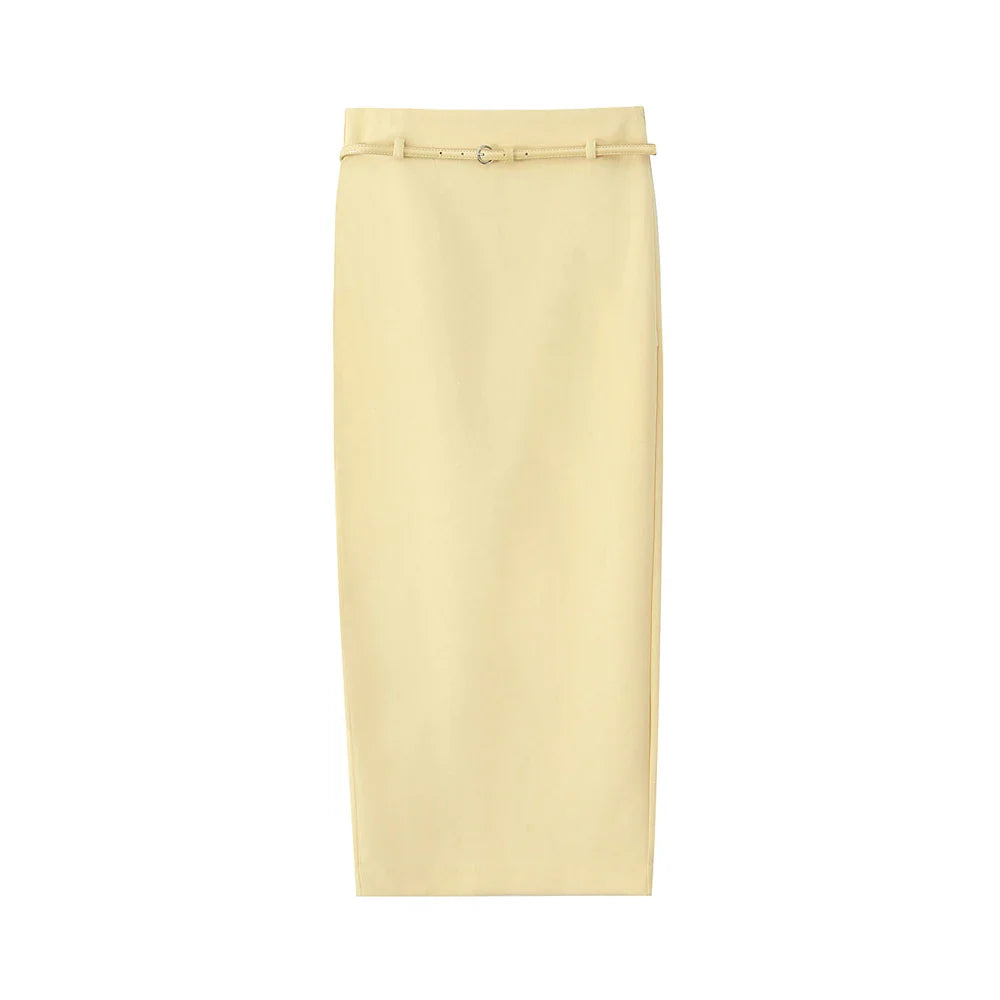 Women With Belt Front Button Tank Tops And High Waist Side Zipper Midi Skirt - S