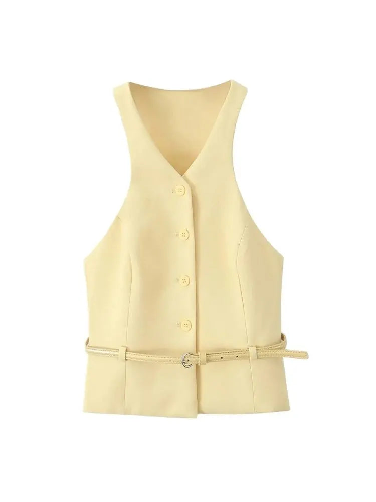 Women With Belt Front Button Tank Tops And High Waist Side Zipper Midi Skirt