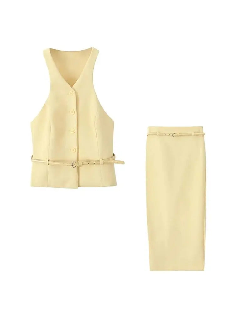 Women With Belt Front Button Tank Tops And High Waist Side Zipper Midi Skirt