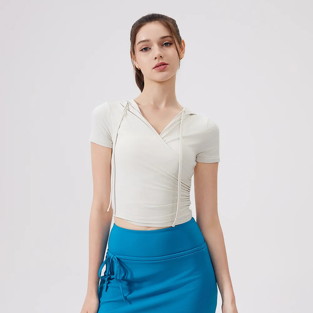 Women Yoga Half Sleeve Cool Feeling Solid Color Hoodie T-shirt - pink / XL